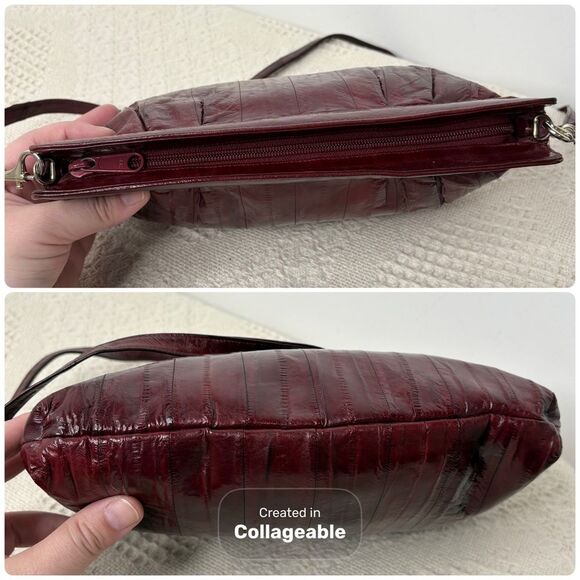 80s/90s Vintage Red Eel Skin Convertible Clutch Shoulder Bag Burgundy - Picture 5 of 7
